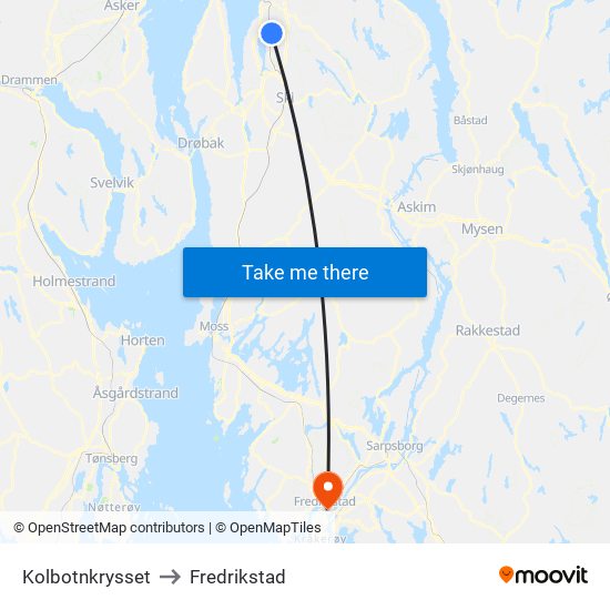 Kolbotnkrysset to Fredrikstad map