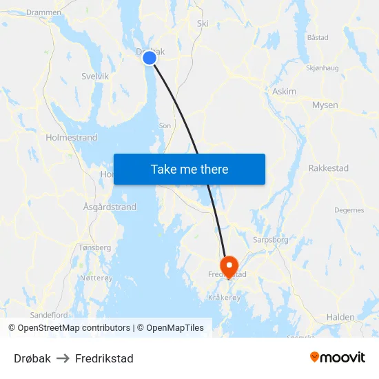 Drøbak to Fredrikstad map