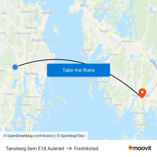 Tønsberg Sem E18 Aulerød to Fredrikstad map