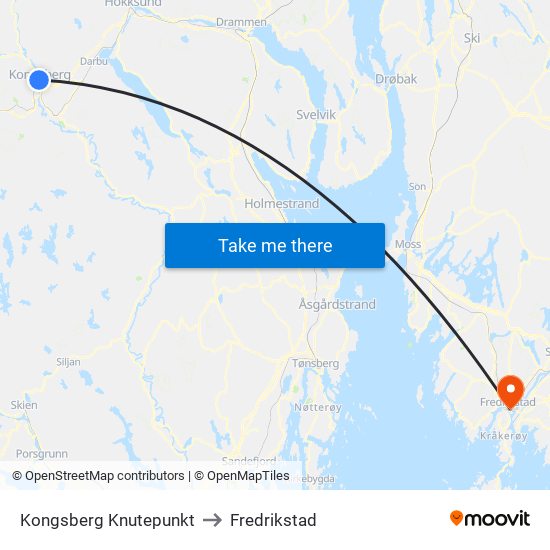 Kongsberg Knutepunkt to Fredrikstad map