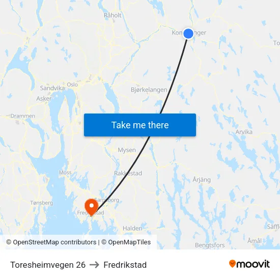 Toresheimvegen 26 to Fredrikstad map
