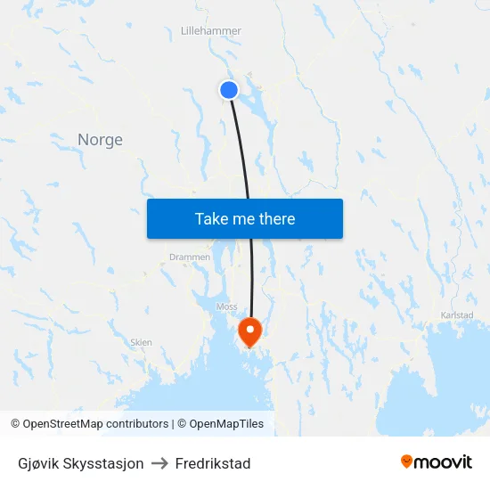Gjøvik Skysstasjon to Fredrikstad map