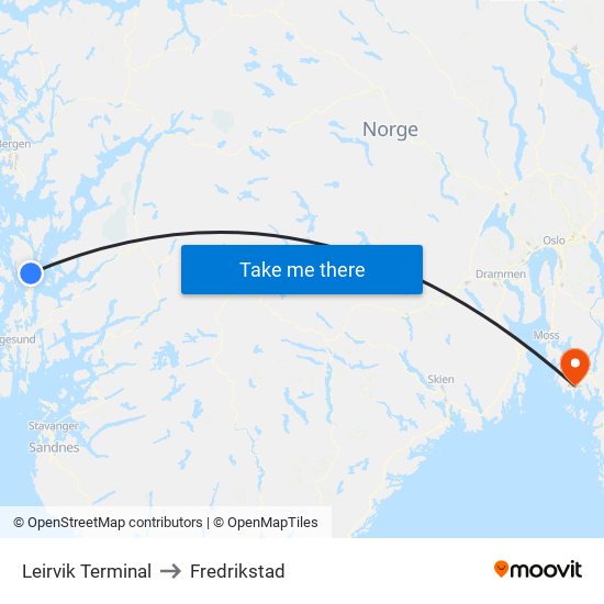 Leirvik Terminal to Fredrikstad map