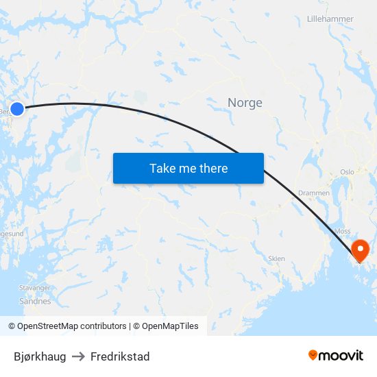 Bjørkhaug to Fredrikstad map
