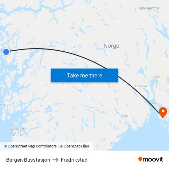 Bergen Busstasjon to Fredrikstad map