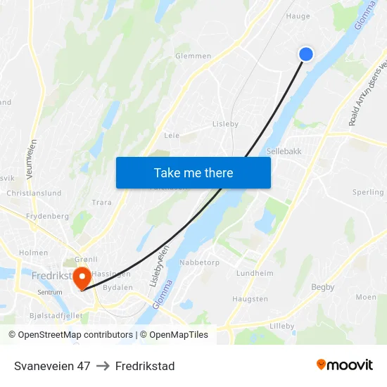 Svaneveien 47 to Fredrikstad map