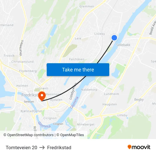 Tomteveien 20 to Fredrikstad map