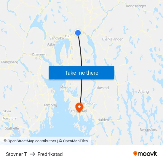 Stovner T to Fredrikstad map