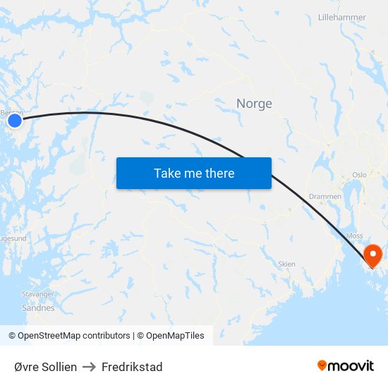 Øvre Sollien to Fredrikstad map