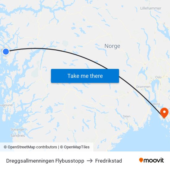 Dreggsallmenningen Flybusstopp to Fredrikstad map