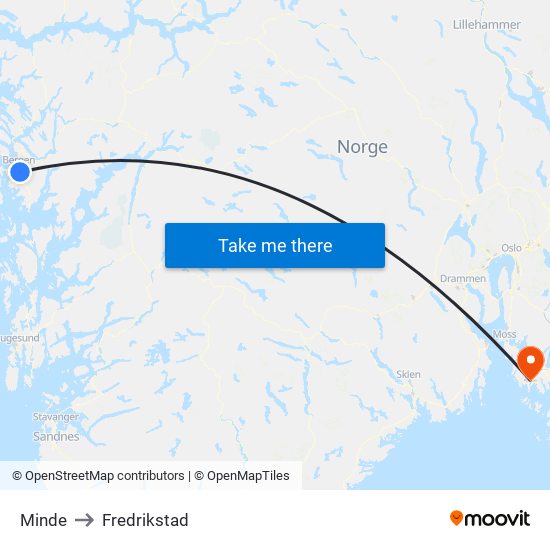 Minde to Fredrikstad map