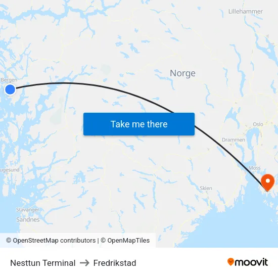 Nesttun Terminal to Fredrikstad map