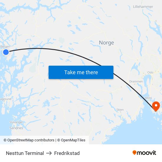 Nesttun Terminal to Fredrikstad map