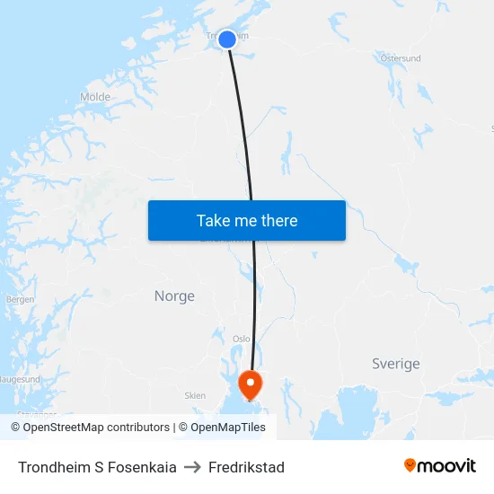 Trondheim S Fosenkaia to Fredrikstad map