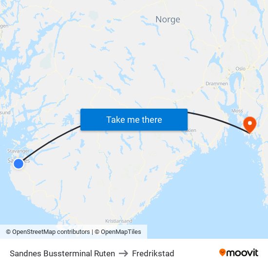 Sandnes Bussterminal Ruten to Fredrikstad map