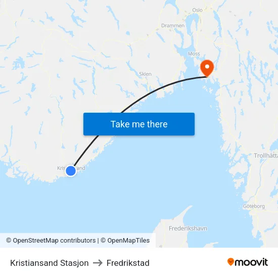 Kristiansand Stasjon to Fredrikstad map