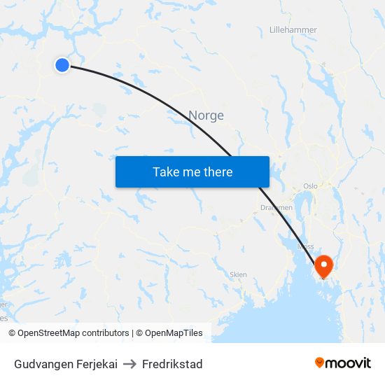 Gudvangen Ferjekai to Fredrikstad map