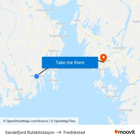 Sandefjord Rutebilstasjon to Fredrikstad map