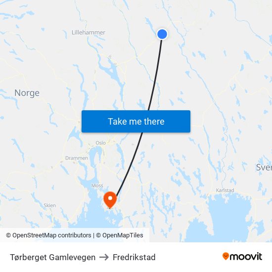 Tørberget Gamlevegen to Fredrikstad map