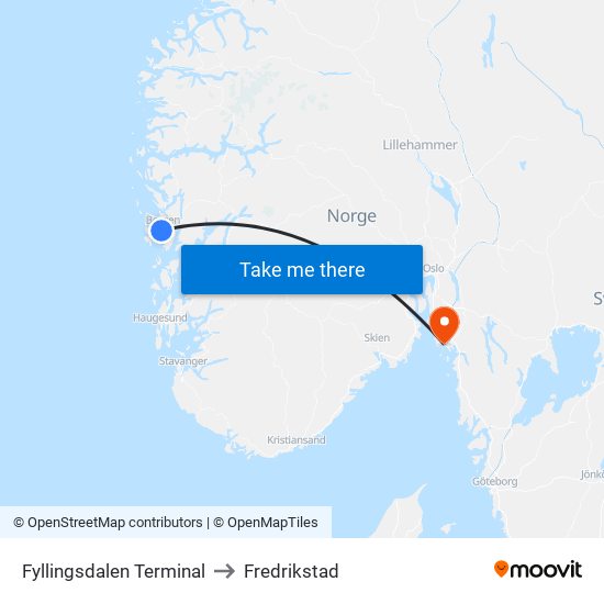 Fyllingsdalen Terminal to Fredrikstad map