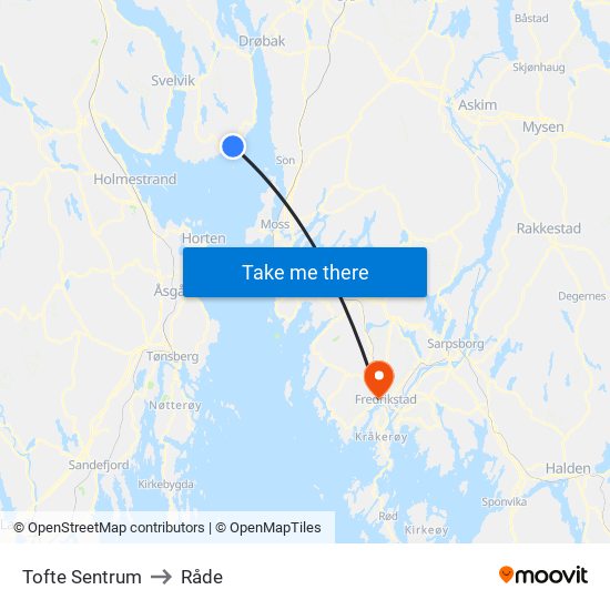 Tofte Sentrum to Råde map