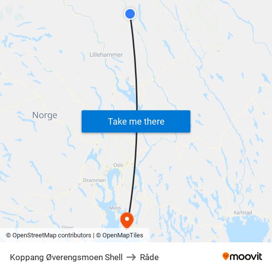 Koppang Øverengsmoen Shell to Råde map