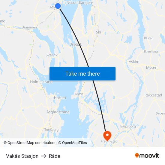 Vakås Stasjon to Råde map