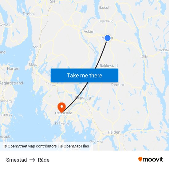 Smestad to Råde map