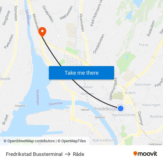 Fredrikstad Bussterminal to Råde map