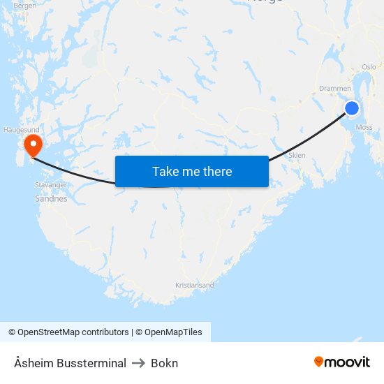 Åsheim Bussterminal to Bokn map