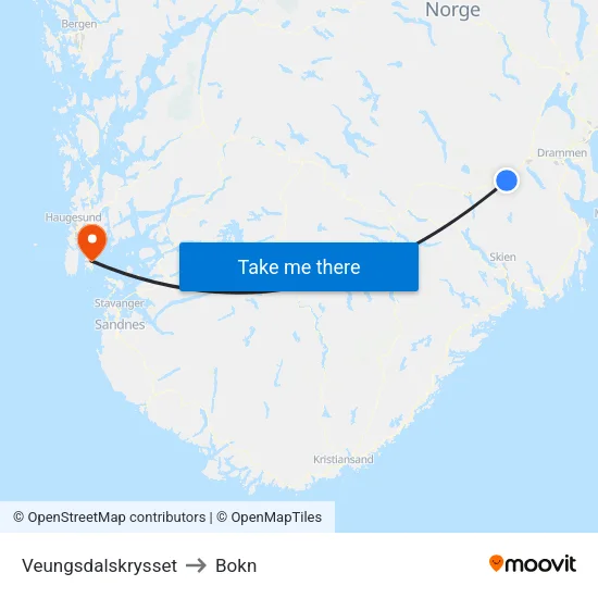 Veungsdalskrysset to Bokn map