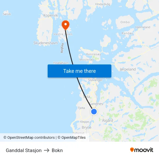 Ganddal Stasjon to Bokn map