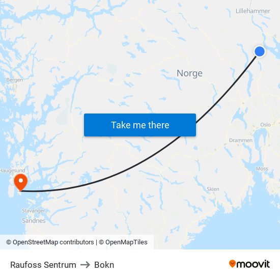 Raufoss Sentrum to Bokn map