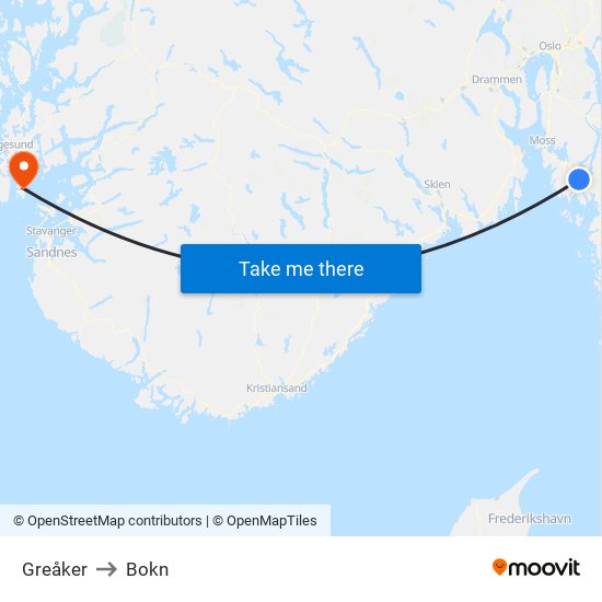 Greåker to Bokn map