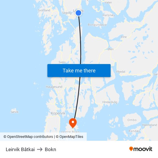 Leirvik Båtkai to Bokn map