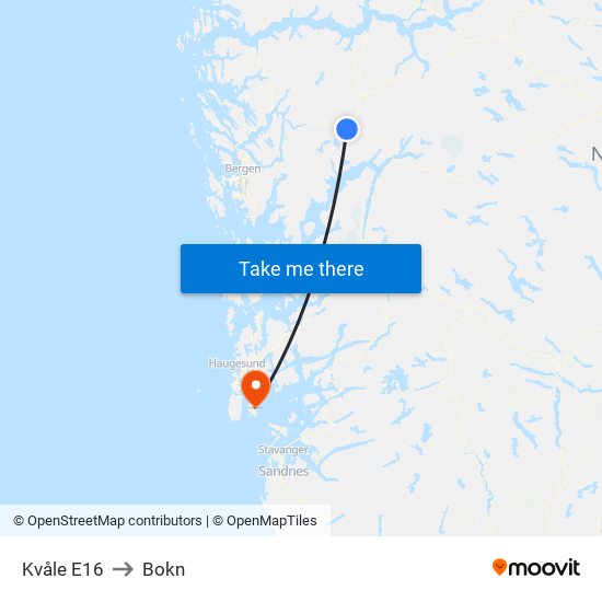 Kvåle E16 to Bokn map