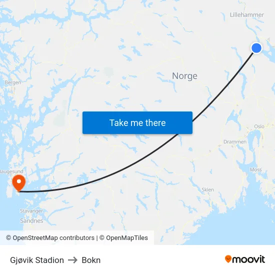 Gjøvik Stadion to Bokn map