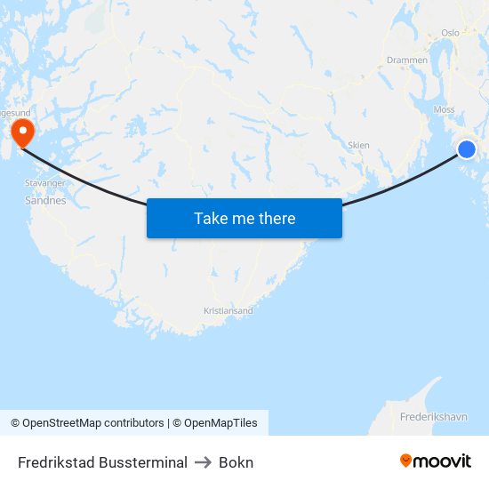 Fredrikstad Bussterminal to Bokn map