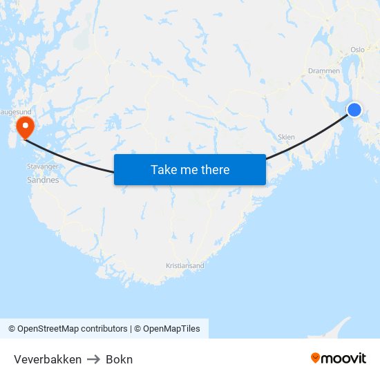 Veverbakken to Bokn map