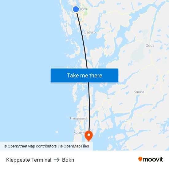 Kleppestø Terminal to Bokn map