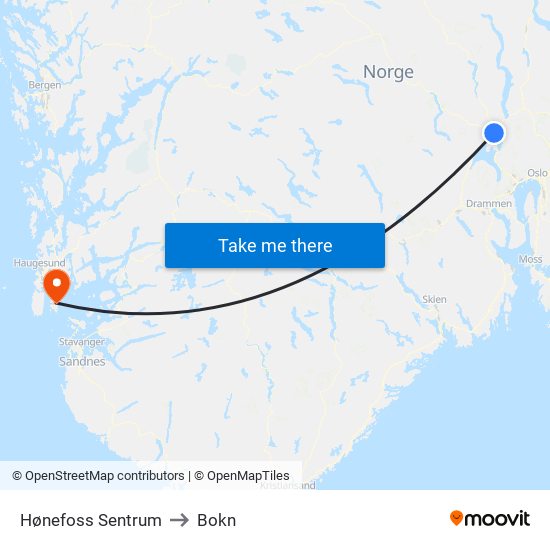 Hønefoss Sentrum to Bokn map