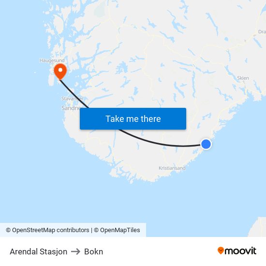 Arendal Stasjon to Bokn map