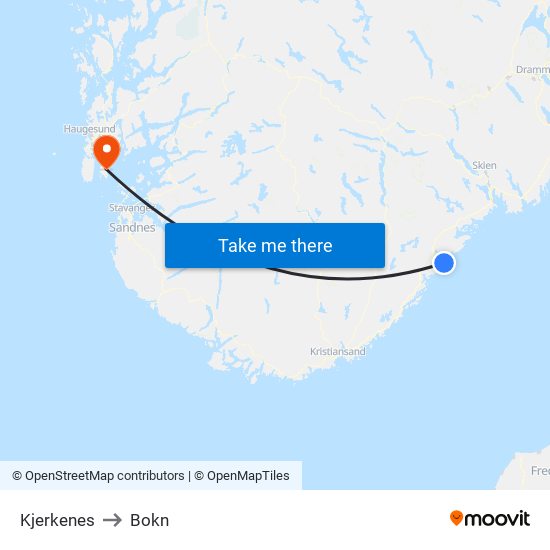 Kjerkenes to Bokn map