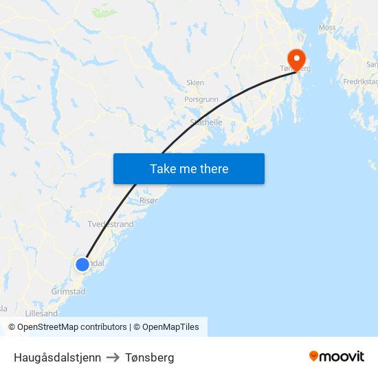 Haugåsdalstjenn to Tønsberg map