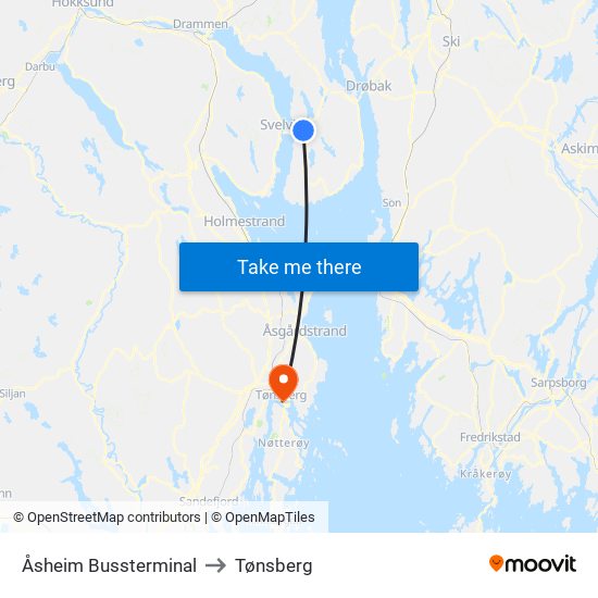 Åsheim Bussterminal to Tønsberg map