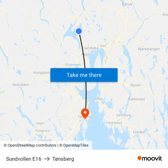 Sundvollen E16 to Tønsberg map