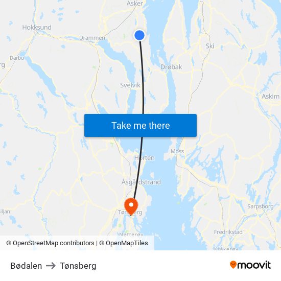 Bødalen to Tønsberg map