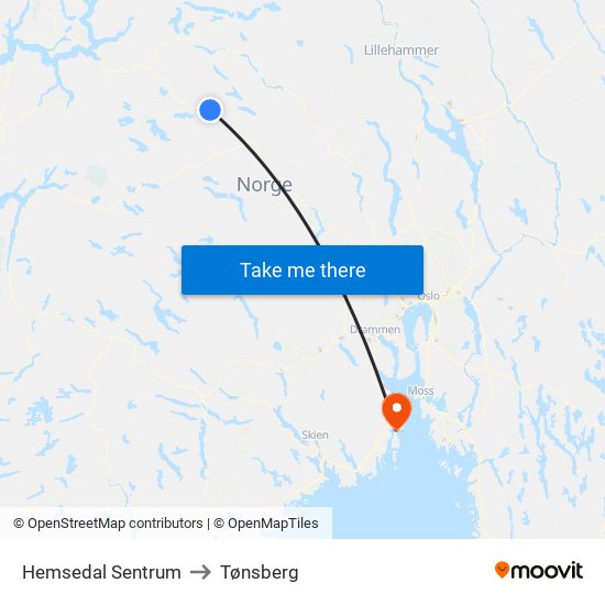 Hemsedal Sentrum to Tønsberg map