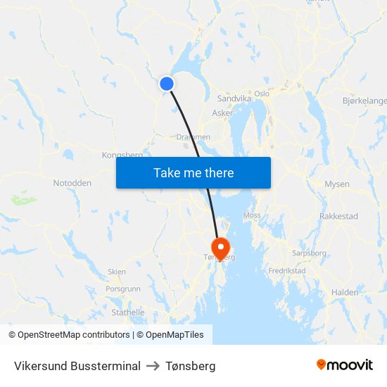 Vikersund Bussterminal to Tønsberg map