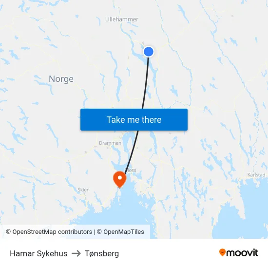 Hamar Sykehus to Tønsberg map
